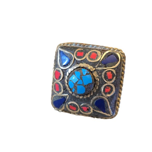 Vintage Turquoise Chip Inlay Statement Ring Mosaic Blue Red Adjustable Brass - Picture 1 of 4